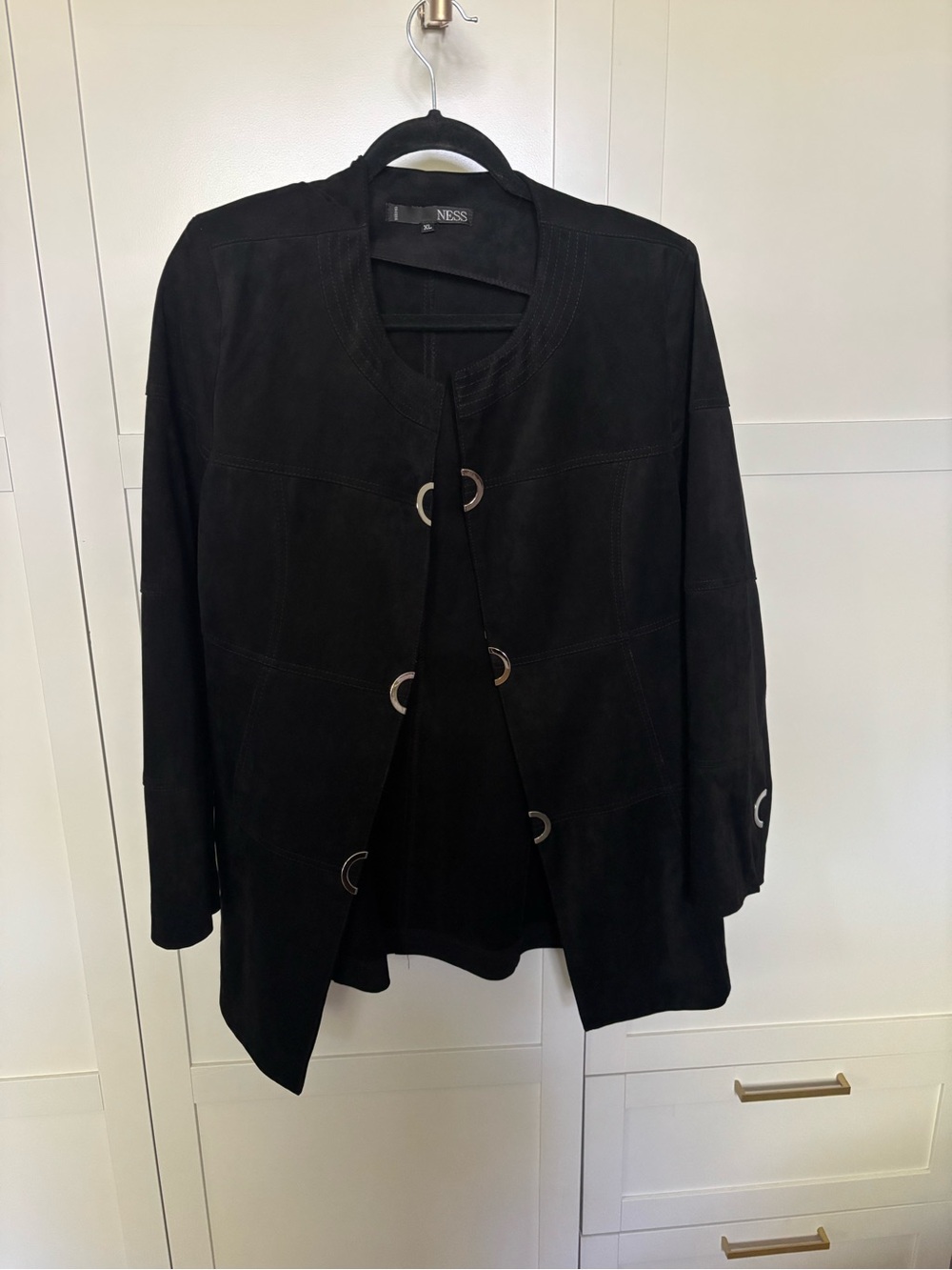 Ness Black Suede Open-Front Ring-Detail Jacket